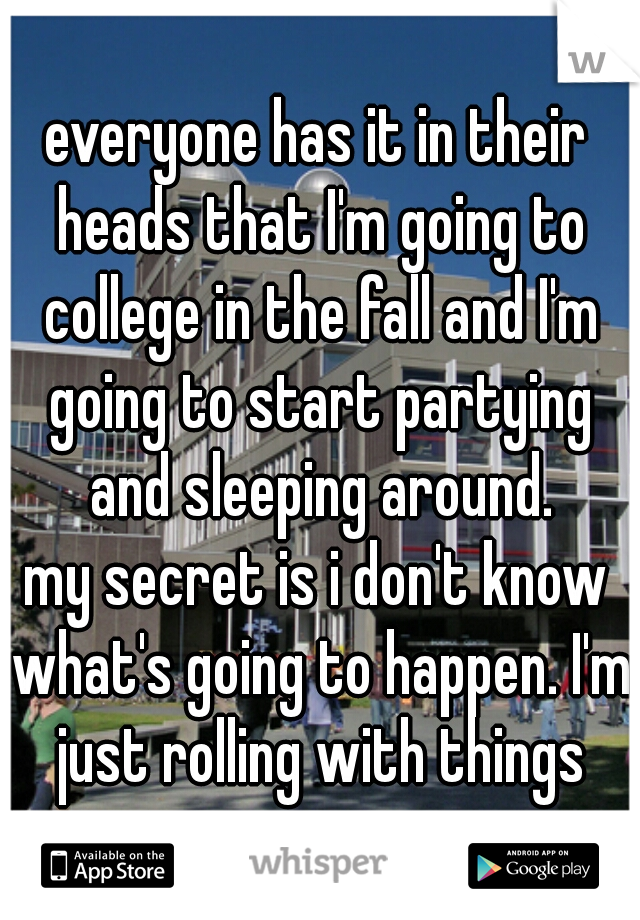 everyone has it in their heads that I'm going to college in the fall and I'm going to start partying and sleeping around.
my secret is i don't know what's going to happen. I'm just rolling with things