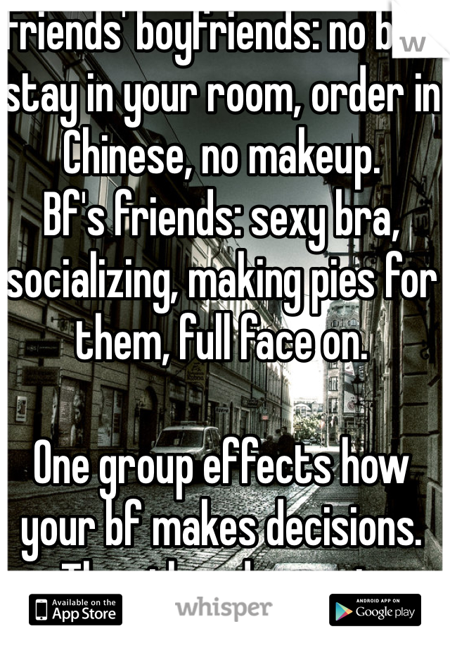 Friends' boyfriends: no bra, stay in your room, order in Chinese, no makeup.
Bf's friends: sexy bra, socializing, making pies for them, full face on. 

One group effects how your bf makes decisions. The other does not. 
