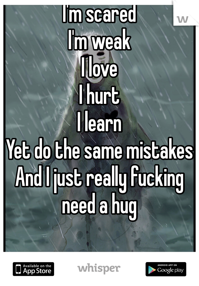 I'm scared
I'm weak
I love
I hurt
I learn
Yet do the same mistakes 
And I just really fucking need a hug 