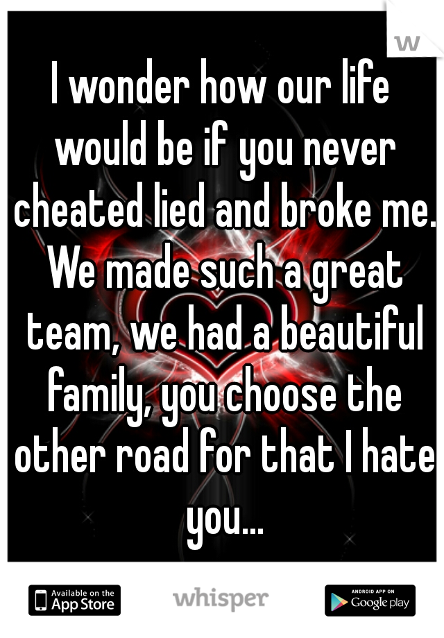 I wonder how our life would be if you never cheated lied and broke me. We made such a great team, we had a beautiful family, you choose the other road for that I hate you...