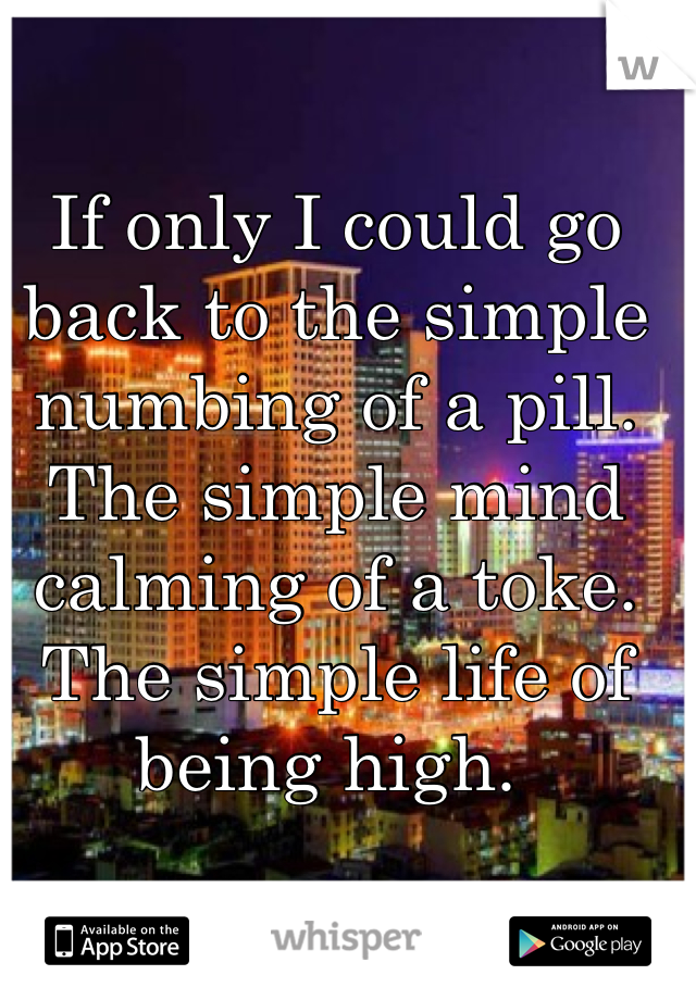 If only I could go back to the simple numbing of a pill. The simple mind calming of a toke. The simple life of being high. 