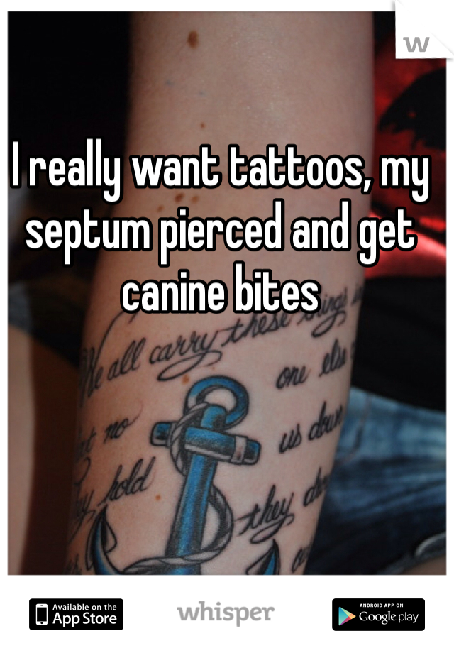 I really want tattoos, my septum pierced and get canine bites
