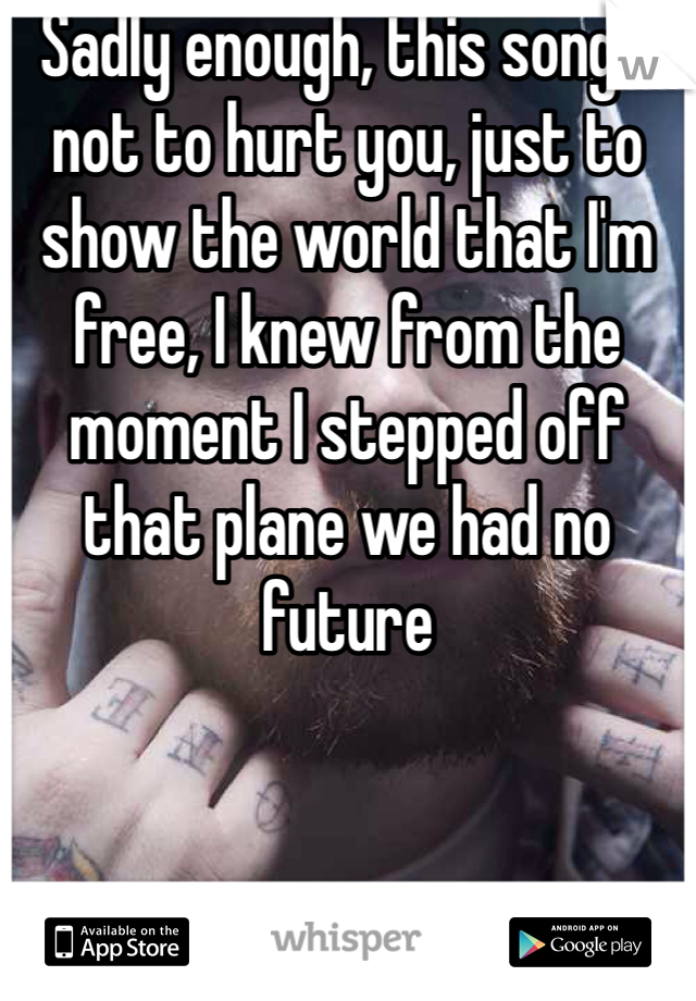 Sadly enough, this song's not to hurt you, just to show the world that I'm free, I knew from the moment I stepped off that plane we had no future 