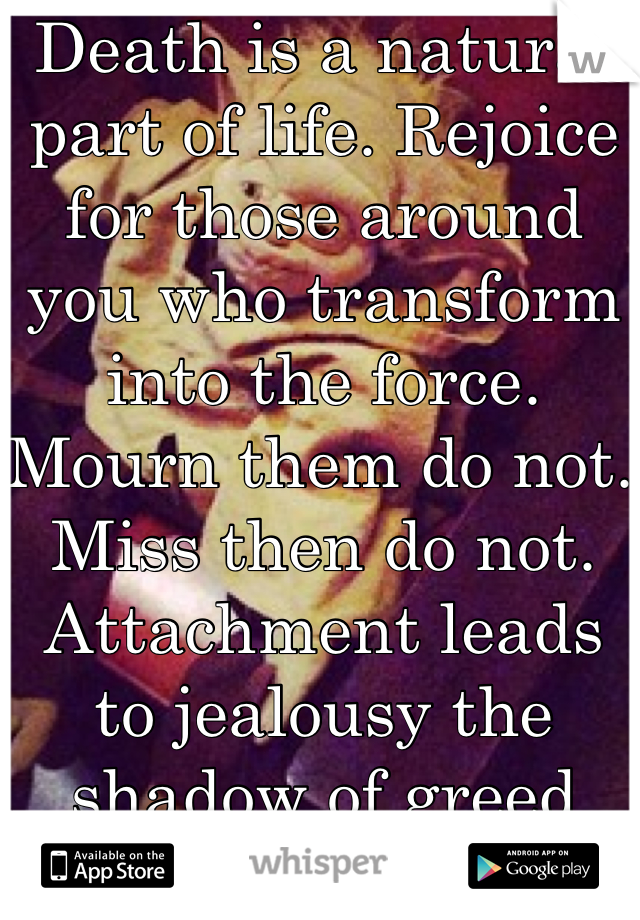 Death is a natural part of life. Rejoice for those around you who transform into the force. Mourn them do not. Miss then do not. Attachment leads to jealousy the shadow of greed that is. 