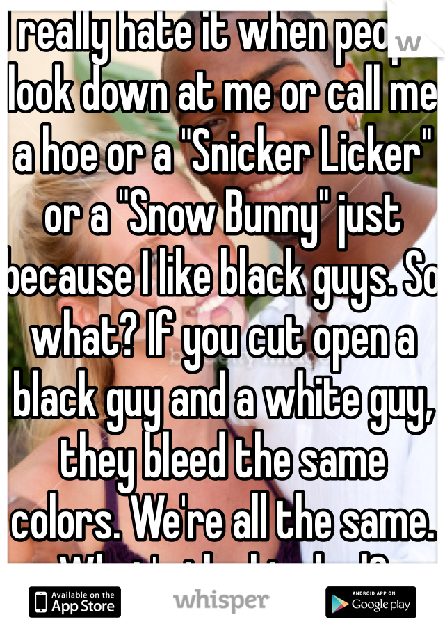 I really hate it when people look down at me or call me a hoe or a "Snicker Licker" or a "Snow Bunny" just because I like black guys. So what? If you cut open a black guy and a white guy, they bleed the same colors. We're all the same. What's the big deal?