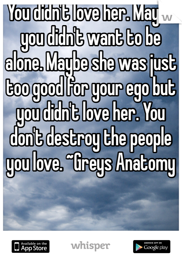 You didn't love her. Maybe you didn't want to be alone. Maybe she was just too good for your ego but you didn't love her. You don't destroy the people you love. ~Greys Anatomy