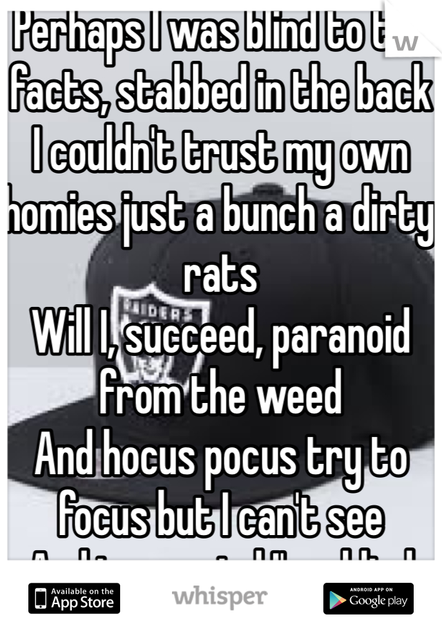 Perhaps I was blind to the facts, stabbed in the back
I couldn't trust my own homies just a bunch a dirty rats
Will I, succeed, paranoid from the weed
And hocus pocus try to focus but I can't see
And in my mind I'ma blind man doin time