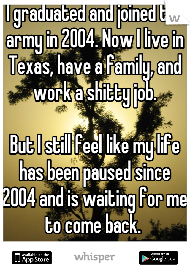 I graduated and joined the army in 2004. Now I live in Texas, have a family, and work a shitty job.

But I still feel like my life has been paused since 2004 and is waiting for me to come back. 