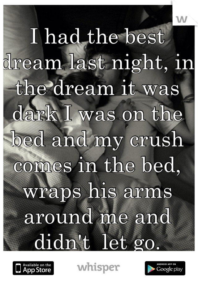 I had the best dream last night, in the dream it was dark I was on the bed and my crush comes in the bed, wraps his arms around me and didn't  let go.