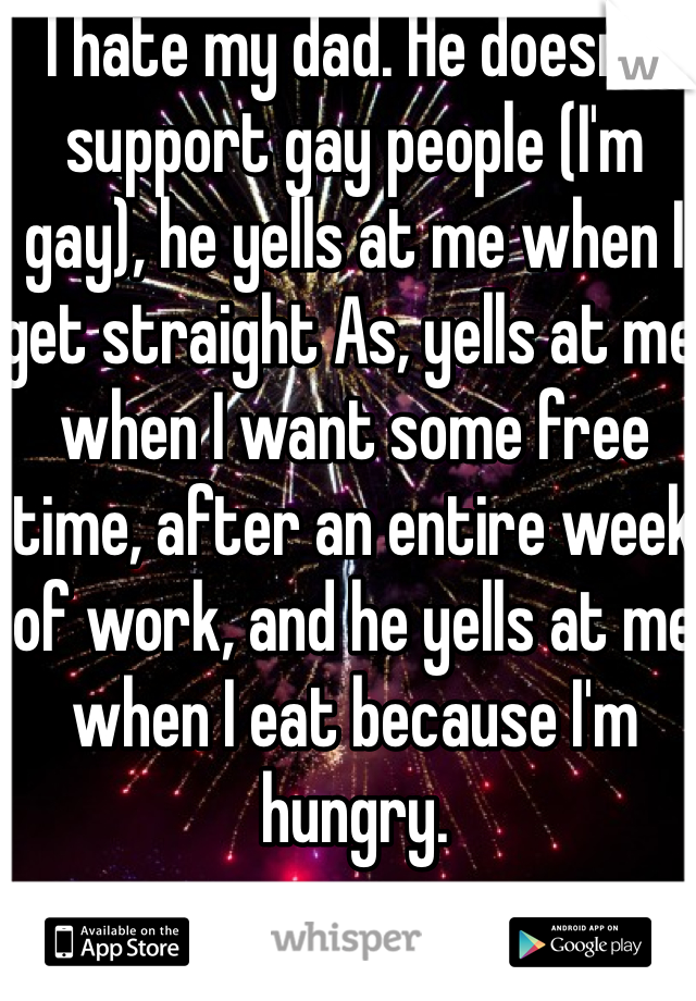 I hate my dad. He doesn't support gay people (I'm gay), he yells at me when I get straight As, yells at me when I want some free time, after an entire week of work, and he yells at me when I eat because I'm hungry. 