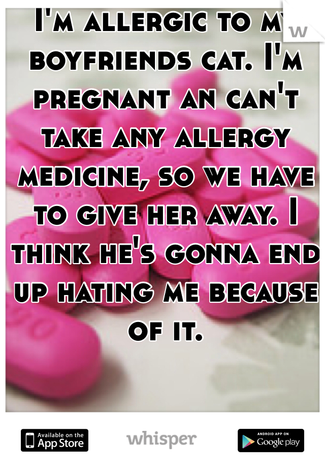 I'm allergic to my boyfriends cat. I'm pregnant an can't take any allergy medicine, so we have to give her away. I think he's gonna end up hating me because of it. 