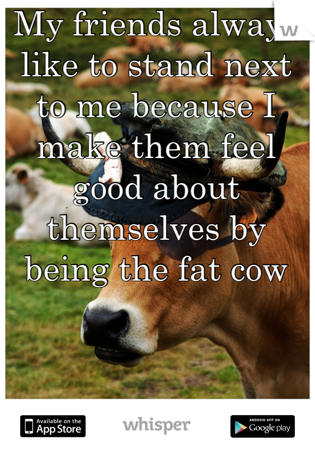 My friends always like to stand next to me because I make them feel good about themselves by being the fat cow