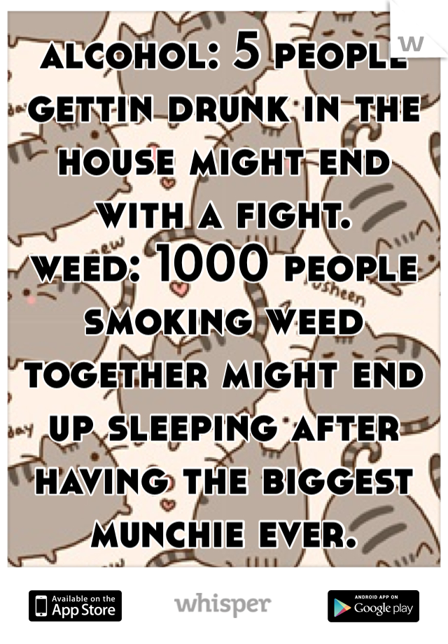 alcohol: 5 people gettin drunk in the house might end with a fight.
weed: 1000 people smoking weed together might end up sleeping after having the biggest munchie ever.