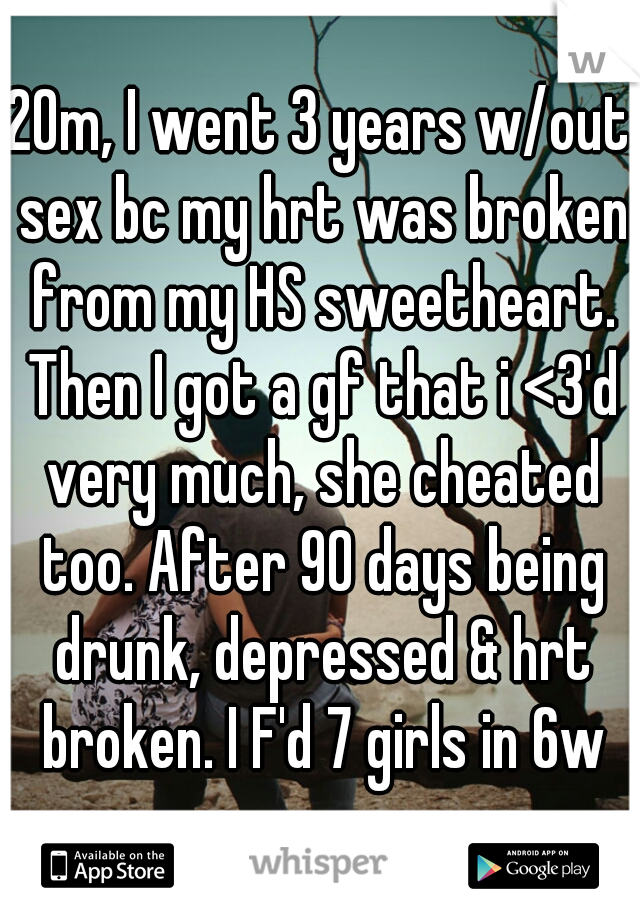 20m, I went 3 years w/out sex bc my hrt was broken from my HS sweetheart. Then I got a gf that i <3'd very much, she cheated too. After 90 days being drunk, depressed & hrt broken. I F'd 7 girls in 6w