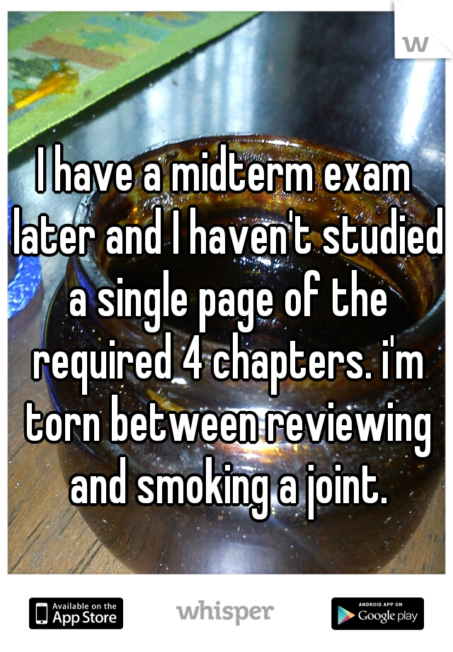 I have a midterm exam later and I haven't studied a single page of the required 4 chapters. i'm torn between reviewing and smoking a joint.