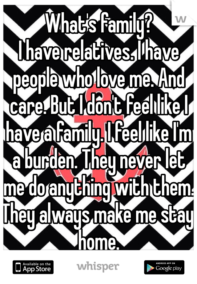 What's family?
I have relatives. I have people who love me. And care. But I don't feel like I have a family. I feel like I'm a burden. They never let me do anything with them. They always make me stay home. 