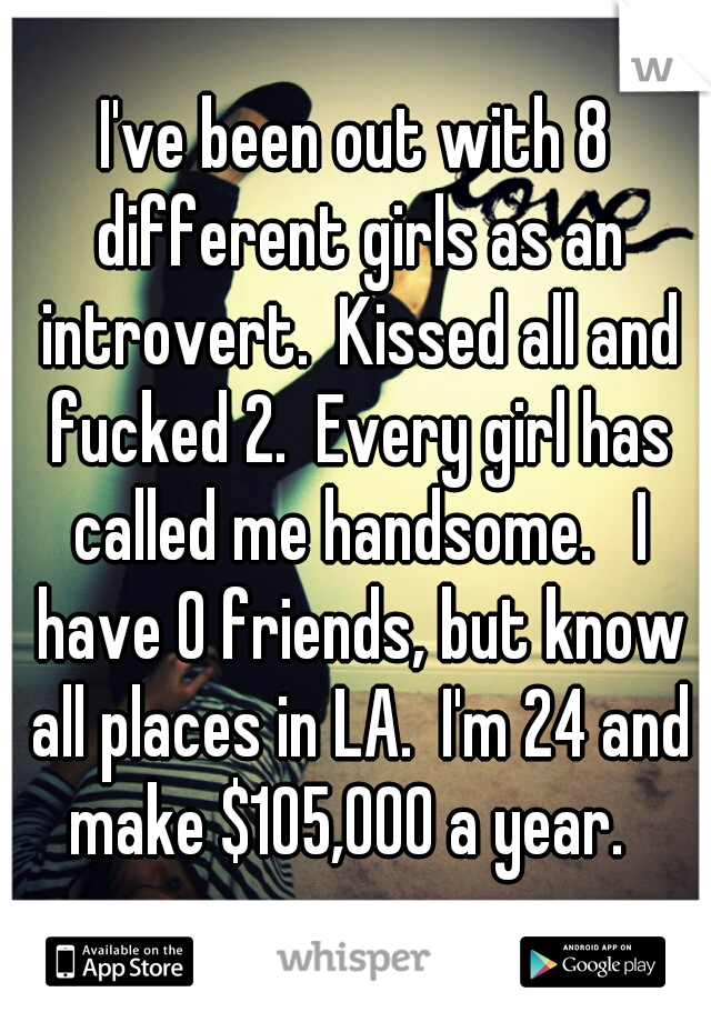 I've been out with 8 different girls as an introvert.  Kissed all and fucked 2.  Every girl has called me handsome.   I have 0 friends, but know all places in LA.  I'm 24 and make $105,000 a year.  