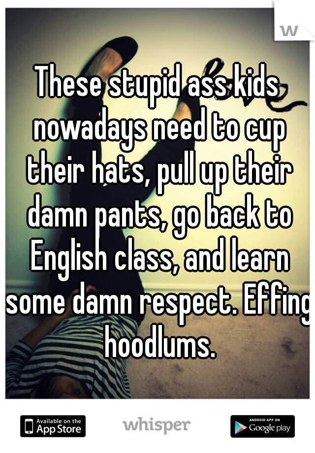 These stupid ass kids nowadays need to cup their hats, pull up their damn pants, go back to English class, and learn some damn respect. Effing hoodlums.