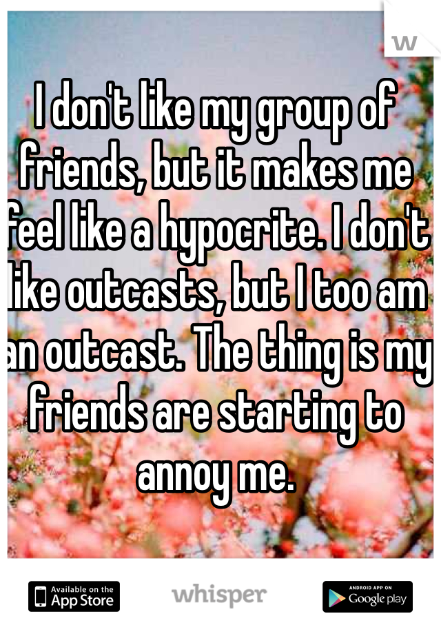 I don't like my group of friends, but it makes me feel like a hypocrite. I don't like outcasts, but I too am an outcast. The thing is my friends are starting to annoy me.