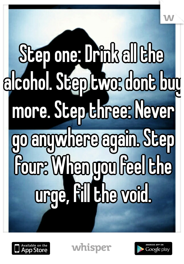 Step one: Drink all the alcohol. Step two: dont buy more. Step three: Never go anywhere again. Step four: When you feel the urge, fill the void.