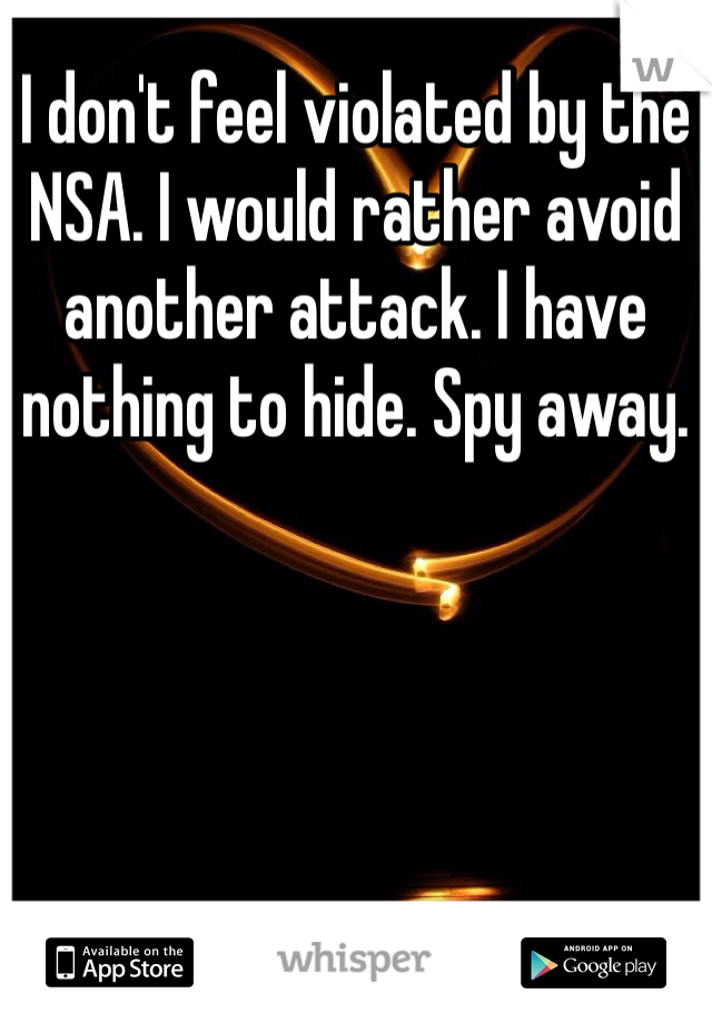 I don't feel violated by the NSA. I would rather avoid another attack. I have nothing to hide. Spy away. 