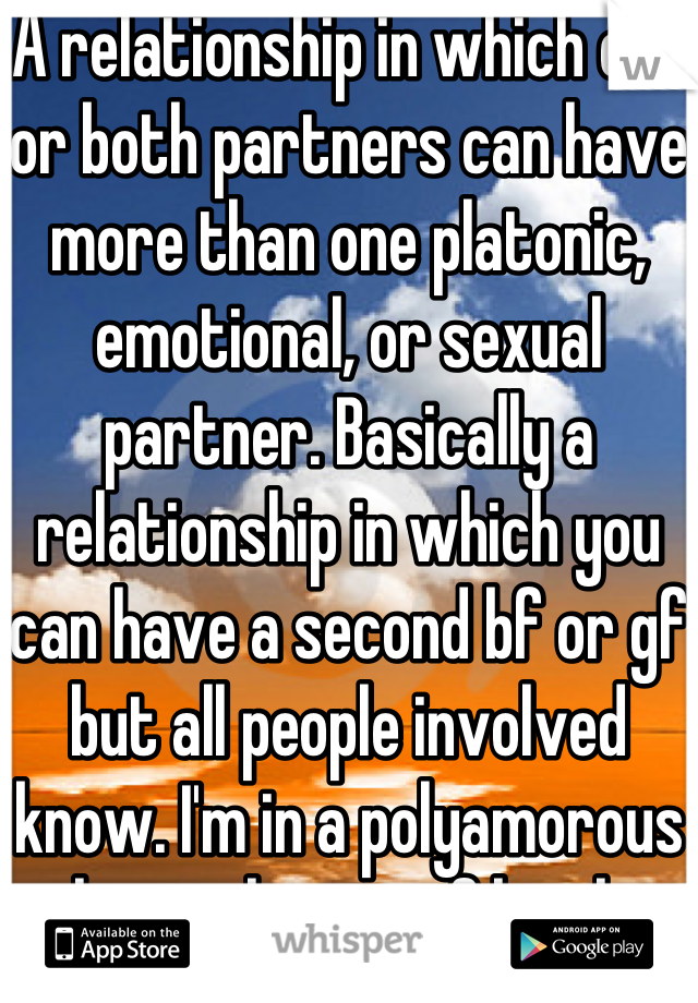 A relationship in which one or both partners can have more than one platonic, emotional, or sexual partner. Basically a relationship in which you can have a second bf or gf but all people involved know. I'm in a polyamorous relationship my gf has her own gf too.