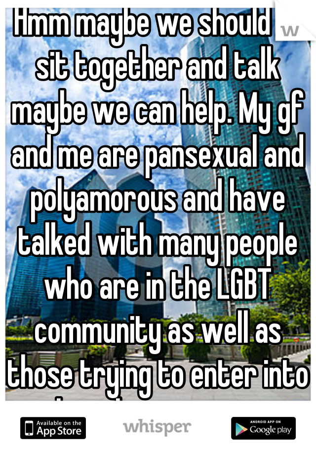 Hmm maybe we should all sit together and talk maybe we can help. My gf and me are pansexual and polyamorous and have talked with many people who are in the LGBT community as well as those trying to enter into the poly community.