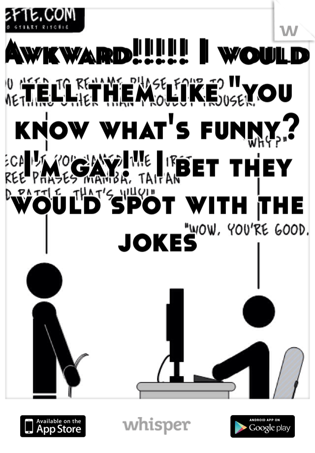 Awkward!!!!! I would tell them like "you know what's funny? I'm gay!" I bet they would spot with the jokes 