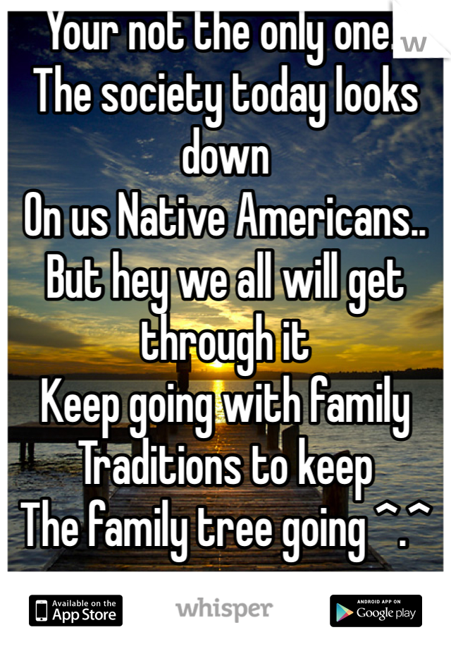 Your not the only one.. 
The society today looks down 
On us Native Americans..
But hey we all will get through it
Keep going with family
Traditions to keep 
The family tree going ^.^