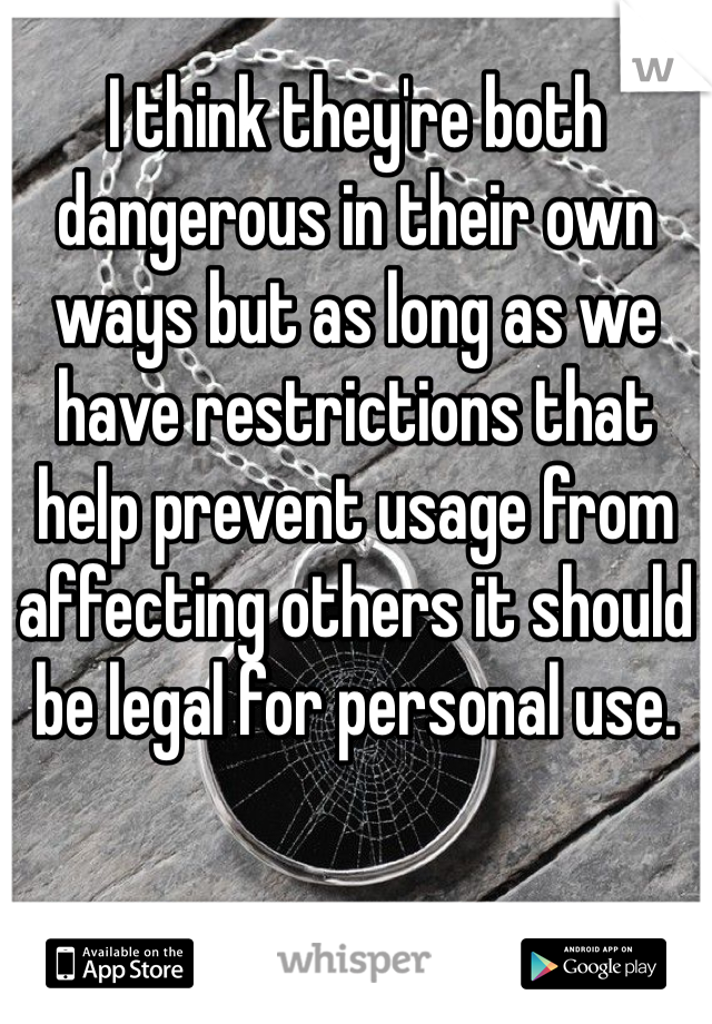 I think they're both dangerous in their own ways but as long as we have restrictions that help prevent usage from affecting others it should be legal for personal use. 