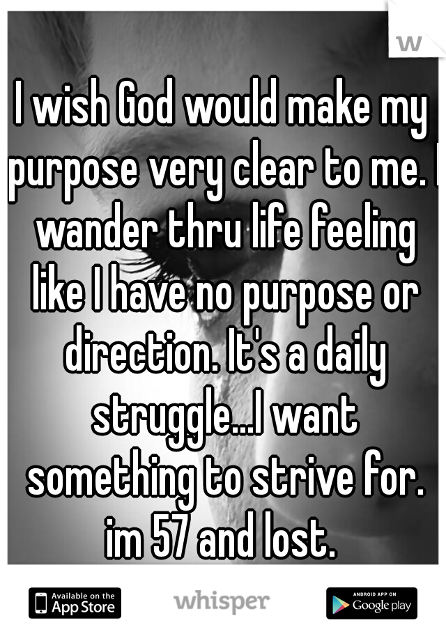 I wish God would make my purpose very clear to me. I wander thru life feeling like I have no purpose or direction. It's a daily struggle...I want something to strive for. im 57 and lost. 