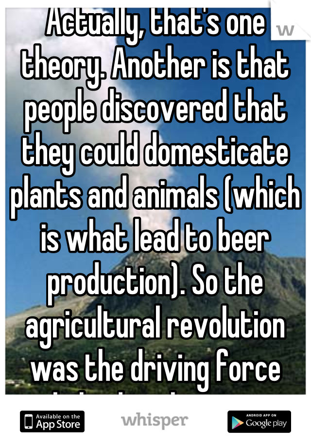 Actually, that's one theory. Another is that people discovered that they could domesticate plants and animals (which is what lead to beer production). So the agricultural revolution was the driving force behind civilization.