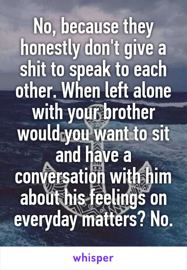 No, because they honestly don't give a shit to speak to each other. When left alone with your brother would you want to sit and have a conversation with him about his feelings on everyday matters? No. 