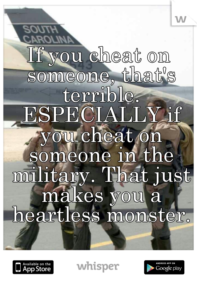 If you cheat on someone, that's terrible. ESPECIALLY if you cheat on someone in the military. That just makes you a heartless monster.