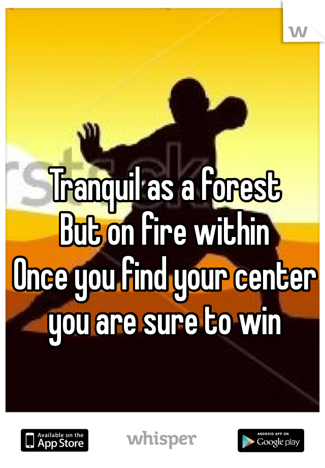 Tranquil as a forest
But on fire within
Once you find your center
you are sure to win