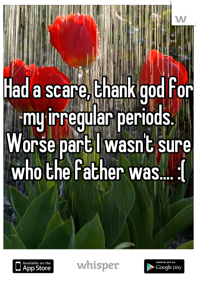 Had a scare, thank god for my irregular periods. Worse part I wasn't sure who the father was.... :(