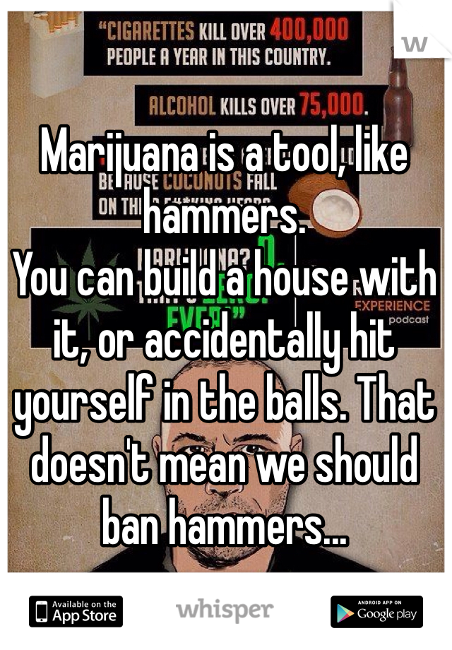 Marijuana is a tool, like hammers.
You can build a house with it, or accidentally hit yourself in the balls. That doesn't mean we should ban hammers...
