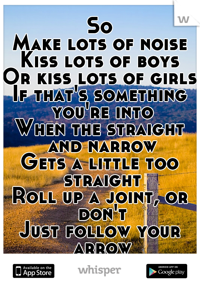 So

Make lots of noise
Kiss lots of boys
Or kiss lots of girls
If that's something you're into
When the straight and narrow
Gets a little too straight
Roll up a joint, or don't
Just follow your arrow
