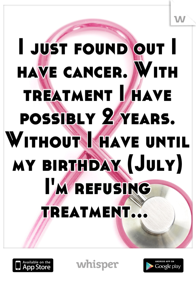 I just found out I have cancer. With treatment I have possibly 2 years. Without I have until my birthday (July) I'm refusing treatment... 