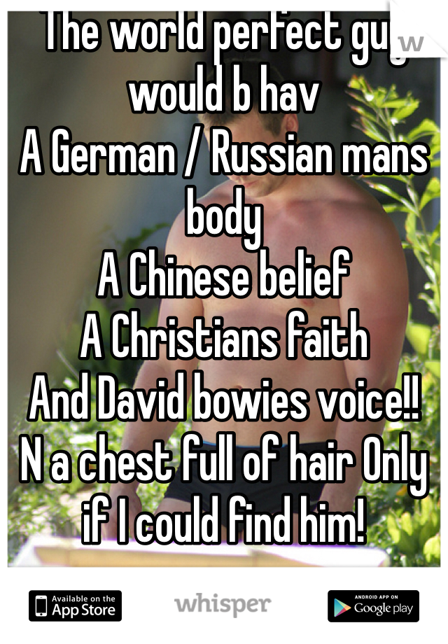 The world perfect guy would b hav 
A German / Russian mans body 
A Chinese belief 
A Christians faith 
And David bowies voice!!
N a chest full of hair Only if I could find him! 