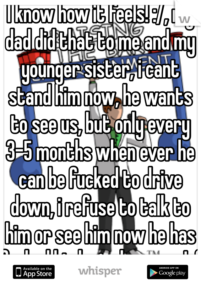 I know how it feels! :/, my dad did that to me and my younger sister, i cant stand him now, he wants to see us, but only every 3-5 months when ever he can be fucked to drive down, i refuse to talk to him or see him now he has fucked his last chance up! :(