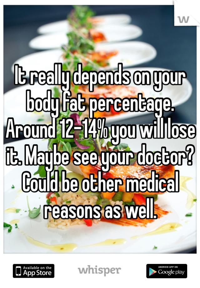 It really depends on your body fat percentage. Around 12-14% you will lose it. Maybe see your doctor? Could be other medical reasons as well. 