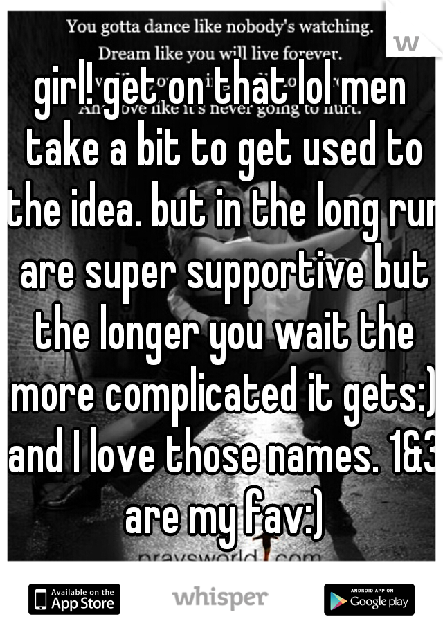 girl! get on that lol men take a bit to get used to the idea. but in the long run are super supportive but the longer you wait the more complicated it gets:) and I love those names. 1&3 are my fav:)