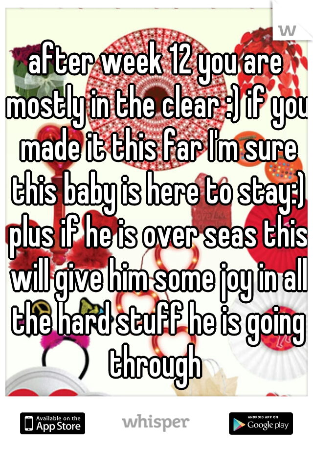 after week 12 you are mostly in the clear :) if you made it this far I'm sure this baby is here to stay:) plus if he is over seas this will give him some joy in all the hard stuff he is going through 