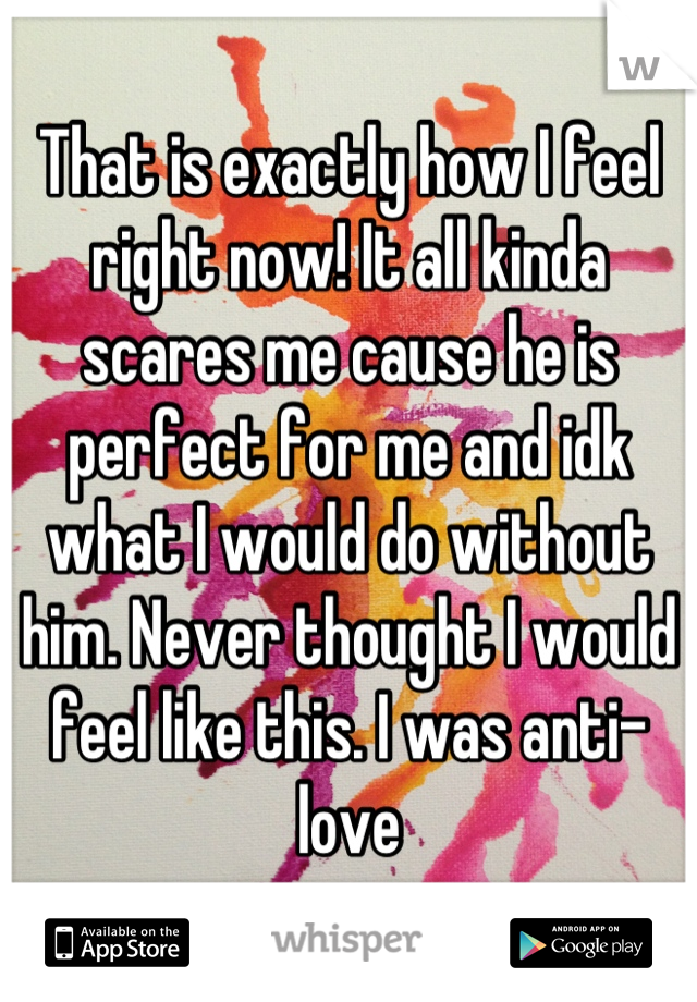 That is exactly how I feel right now! It all kinda scares me cause he is perfect for me and idk what I would do without him. Never thought I would feel like this. I was anti-love