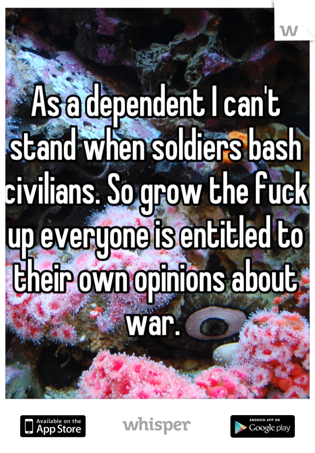As a dependent I can't stand when soldiers bash civilians. So grow the fuck up everyone is entitled to their own opinions about war. 