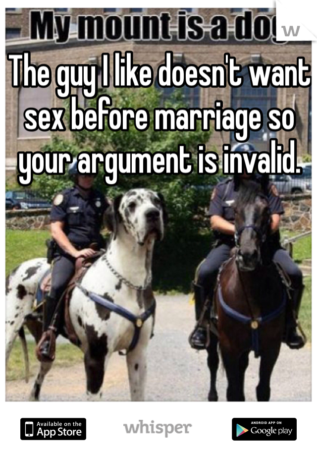 The guy I like doesn't want sex before marriage so your argument is invalid. 