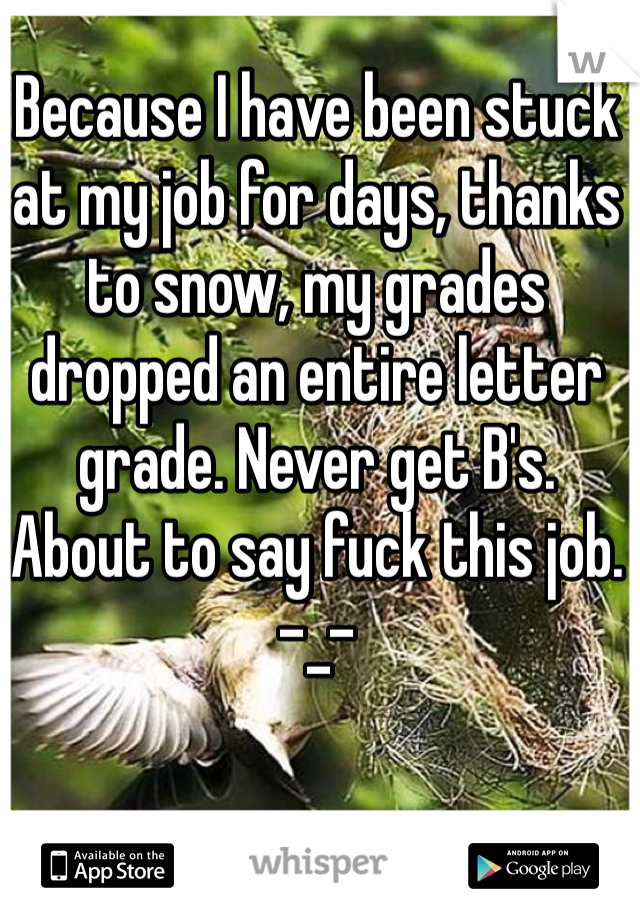 Because I have been stuck at my job for days, thanks to snow, my grades dropped an entire letter grade. Never get B's. 
About to say fuck this job. -_-