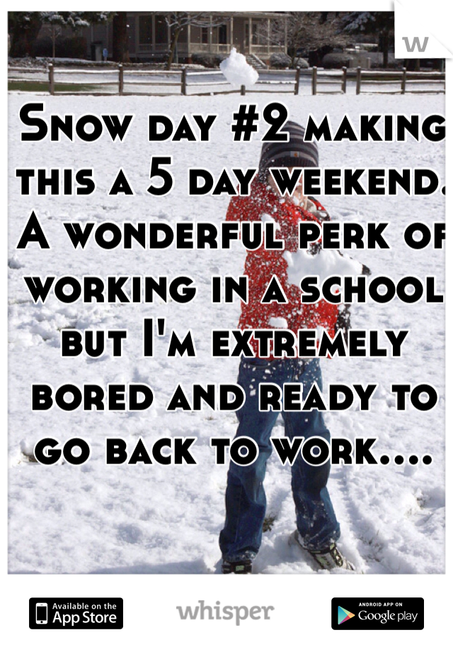 Snow day #2 making this a 5 day weekend. A wonderful perk of working in a school but I'm extremely bored and ready to go back to work....