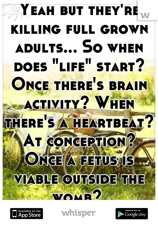 Yeah but they're killing full grown adults... So when does "life" start? Once there's brain activity? When there's a heartbeat? At conception? Once a fetus is viable outside the womb? 
